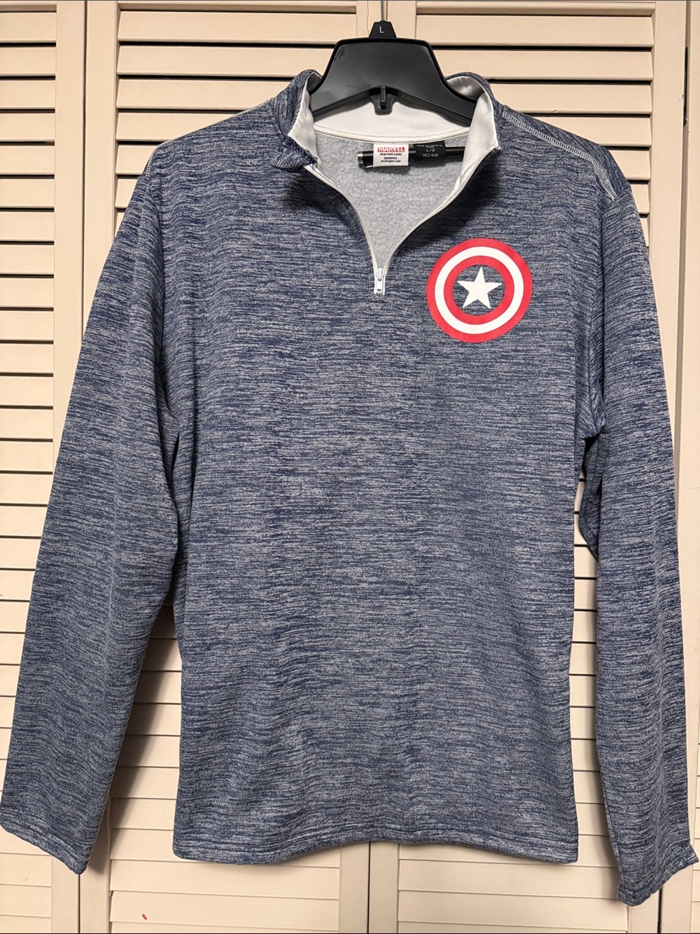 Marvel Men's Heather Blue Quarter-Zip Sweater with Captain Shield Patch